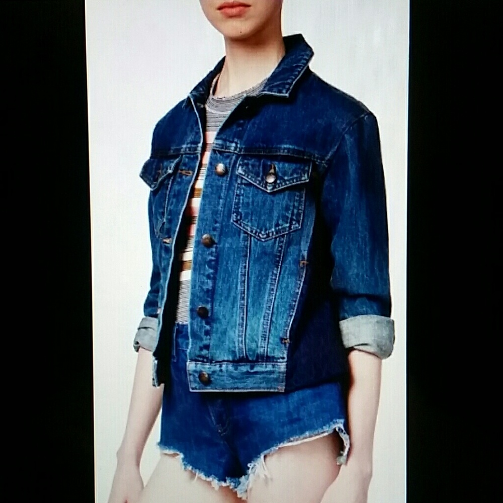 Free people denim jean jacket coat button lace